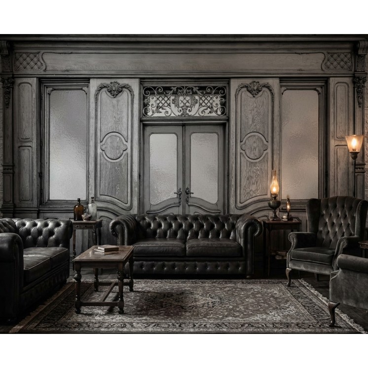 Papier peint panoramique Échoppe Ancienne – Façade bois sculptée & décor patrimonial | Ciment Factory