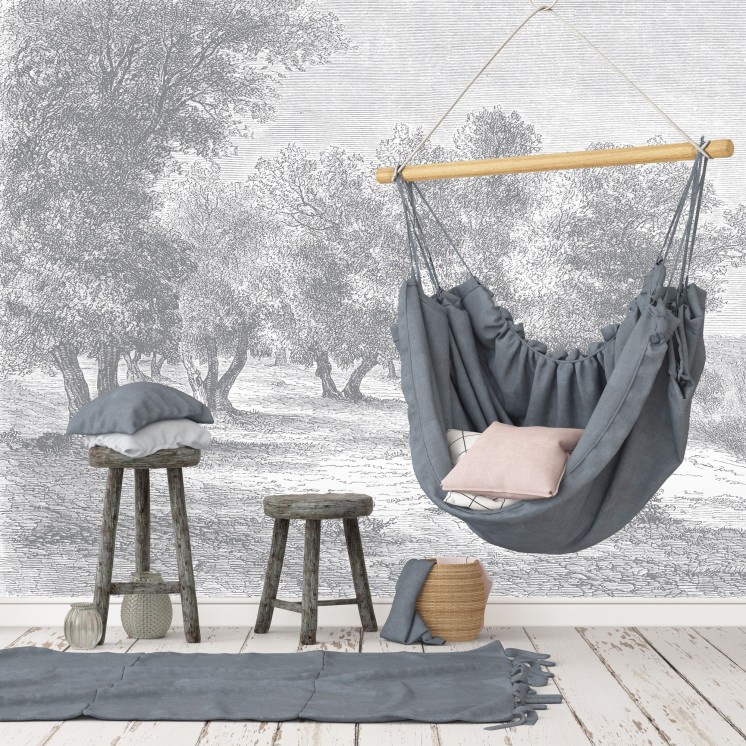 Papier Peint Panoramique Gravure - Les Oliviers - Grisaille - Ciment Factory - Chambre