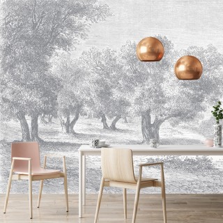 Papier Peint Panoramique Gravure - Les Oliviers - Grisaille - Ciment Factory - Salle à manger