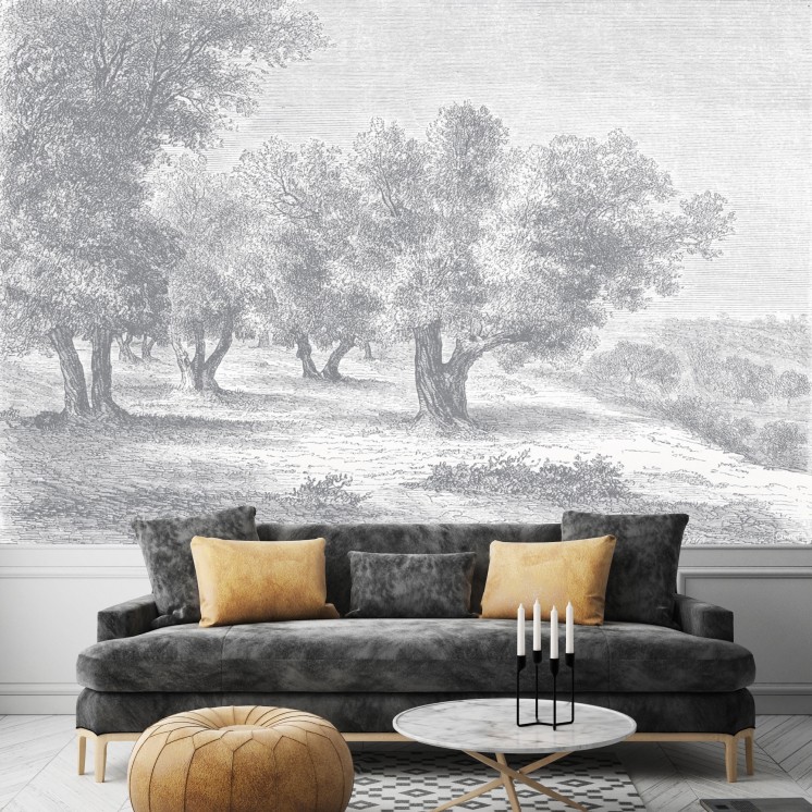 Papier Peint Panoramique Gravure - Les Oliviers - Grisaille - Ciment Factory - Salon