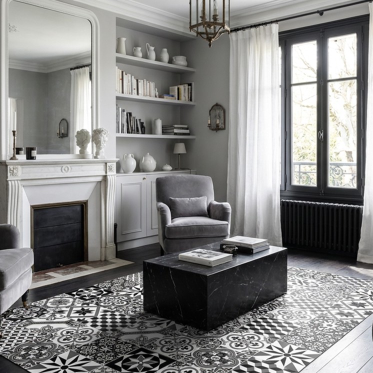 Tapis Vinyle Carreaux de Ciment - Ginette - Noir - Salon cosy