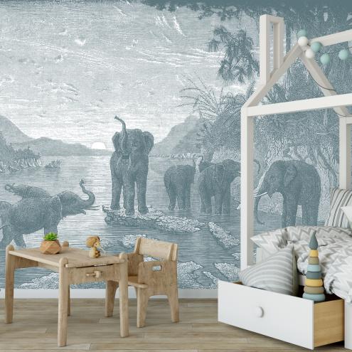 Objet déco motif gravure - les éléphants : papier peint panoramique